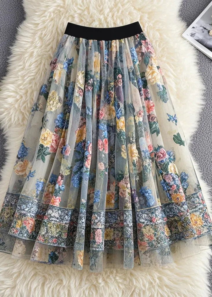 French White Print Tulle Holiday Skirt Summer