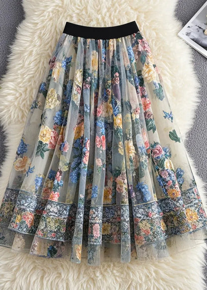 French White Print Tulle Holiday Skirt Summer