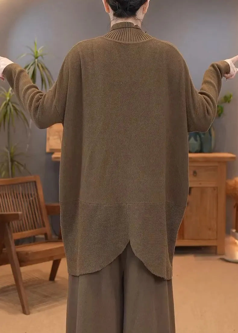 Simple Brown Turtleneck Knit Sweater Winter