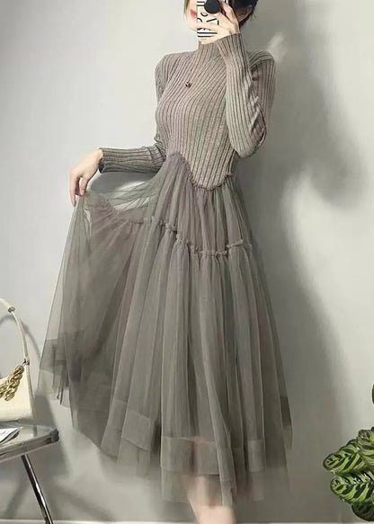 Grey Asymmetrical Tulle Patchwork Long Dresses Fall