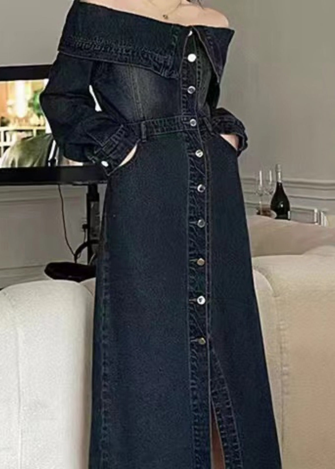 Blue Slash Neck Patchwork Side Open Denim Long Dresse Puff Sleeve