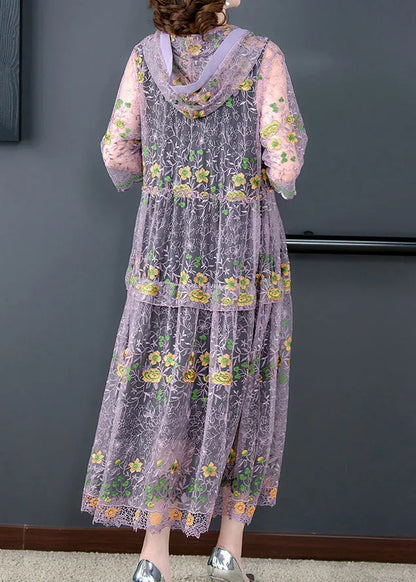 Purple Embroidered Tulle Upf 50+ Hooded Cardigan Spring