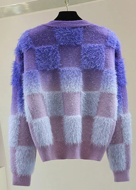 Gradient Color Blue O-neck Zircon Ma Hai Mao Cotton Knit Sweater Tops Winter
