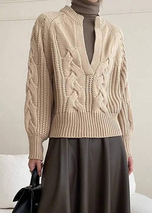 Khaki Cozy Knit Sweaters V Neck Fall