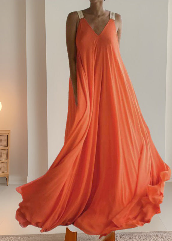 Orange V Neck Chiffon Long Dress Summer