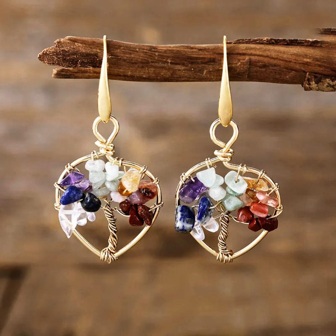 Natural Gemstone Tree of Life Heart Earrings