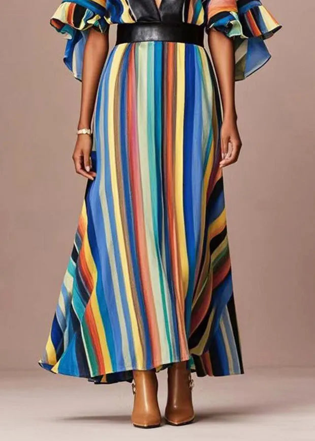 Rainbow Striped Cotton Cinched Dress Flare Sleeve