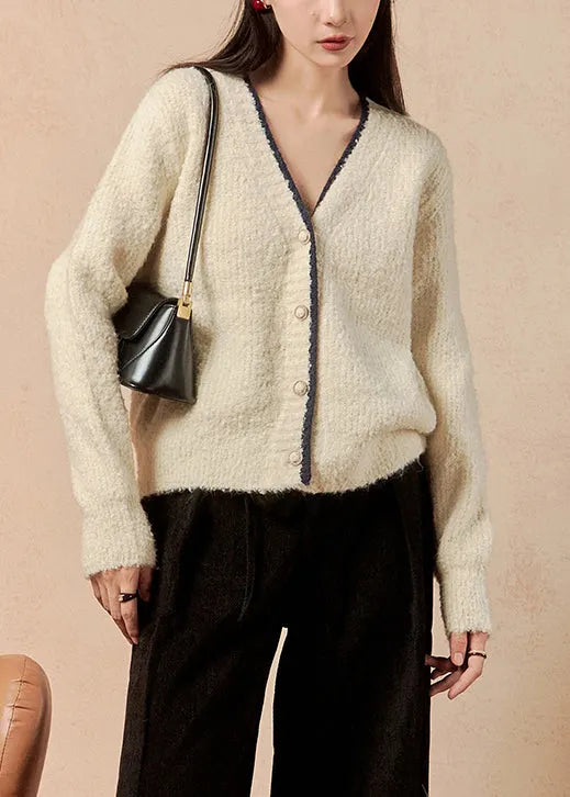Simple Beige V Neck Button Knit Cardigan Winter