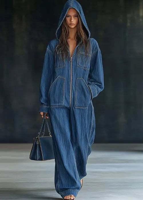 Black Hooded Zippered Patchwork Denim Jumpsuit Fall