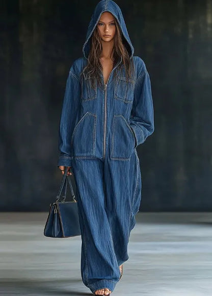 Black Hooded Zippered Patchwork Denim Jumpsuit Fall