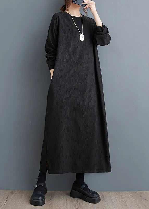 Simple Black O Neck Cotton Long Dress Fall