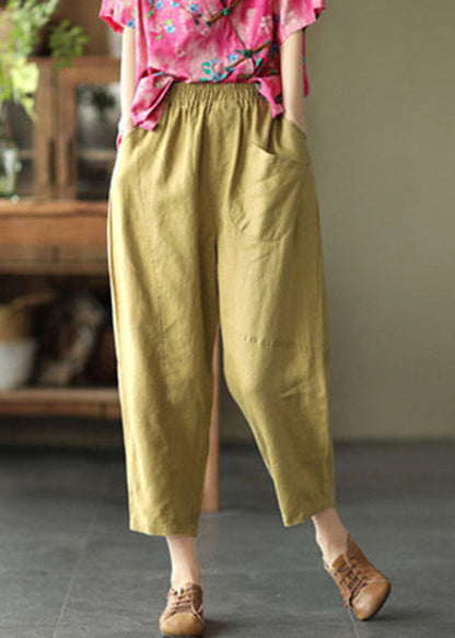 Mustard Yellow Elastic Waist Pockets Linen Harem Pants Summer