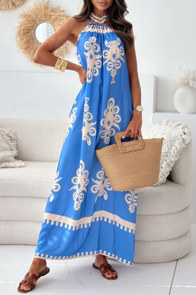 National Totem Print Draw String Square Neck Sling Dresses(4 Colors)