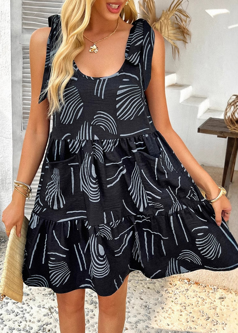Black Lace Up Print Pockets Spaghetti Strap Dress Summer