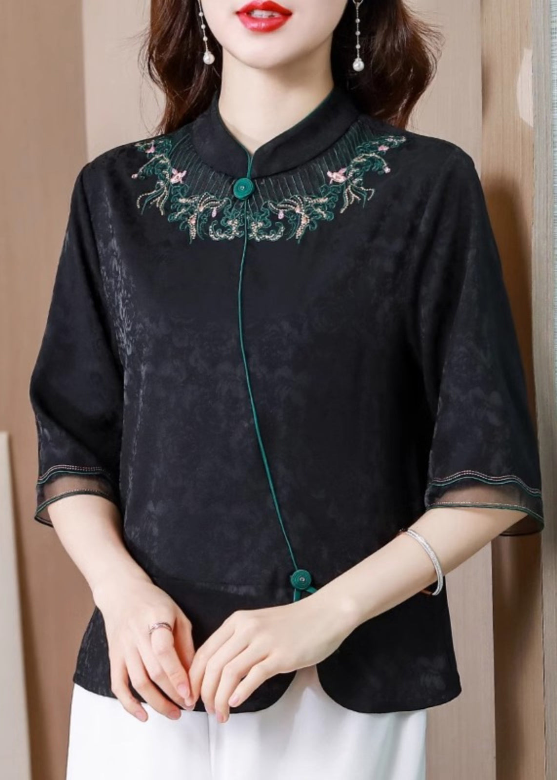 Black Stand Collar Embroidered Silk Blouse Top Summer