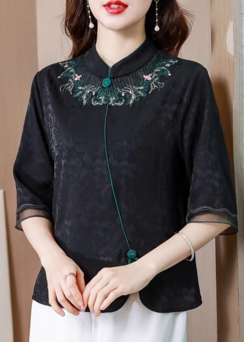 Black Stand Collar Embroidered Silk Blouse Top Summer