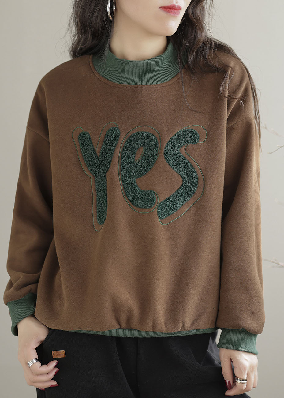 Yellow Embroidered Patchwork Warm Fleece Pullover Sweatshirt Spring