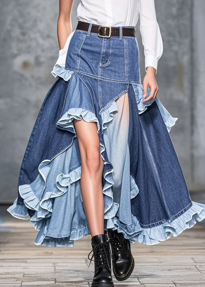 Blue Ruffled Patchwork Low High Design Denim Skirts Spring