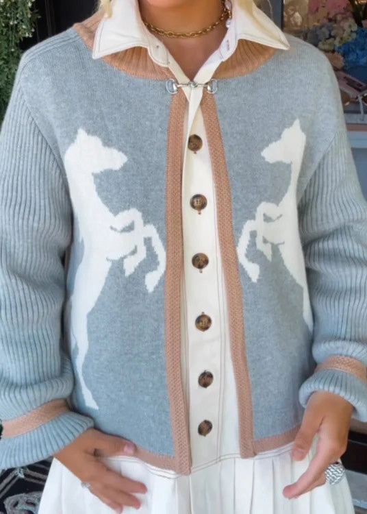 Black Stand Collar Print Knit Cardigan Fall