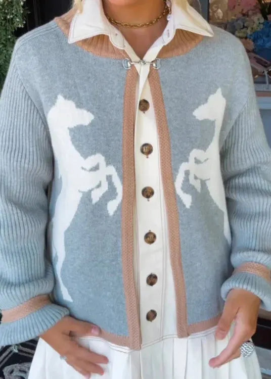 Black Stand Collar Print Knit Cardigan Fall