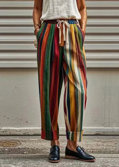 Rainbow Striped Pockets Tie Waist Crop Pants Summer