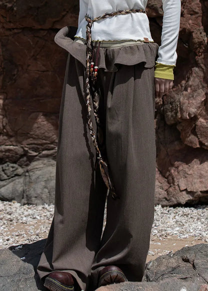 Brown Knit Patchwork Elastic Waist Wide Leg Pants Fall