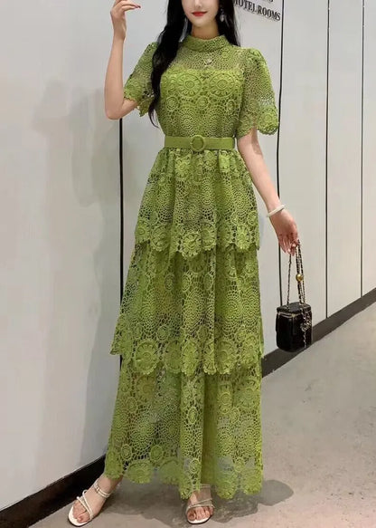 Yellow Embroidered Tie Waist Patchwork Lace Dress Summer
