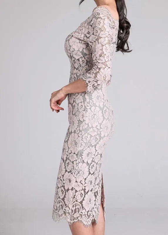 Beige Slash Neck Lace Slim Fit Dresses Spring