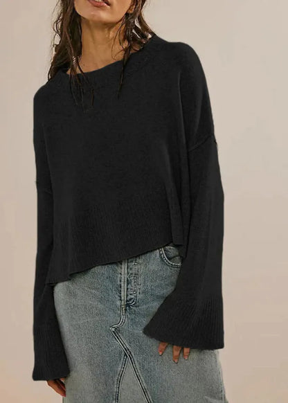 Brown O Neck Knit Short Sweaters Flare Sleeve