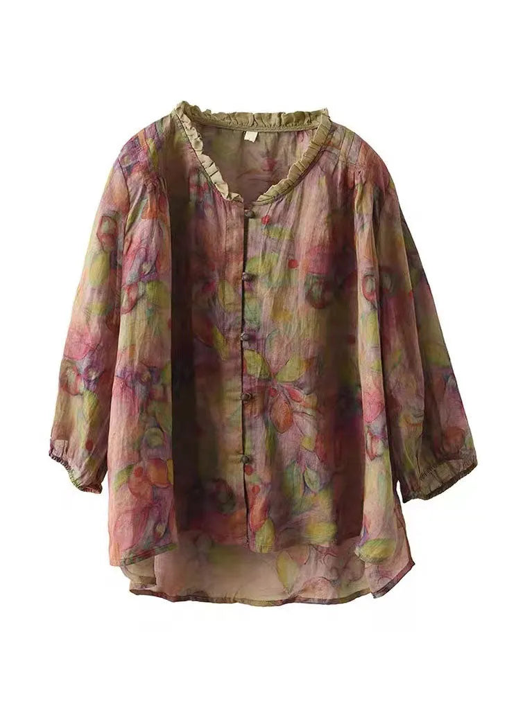 Pink-print2 V Neck Ruffled Print Linen Blouse Top Half Sleeve