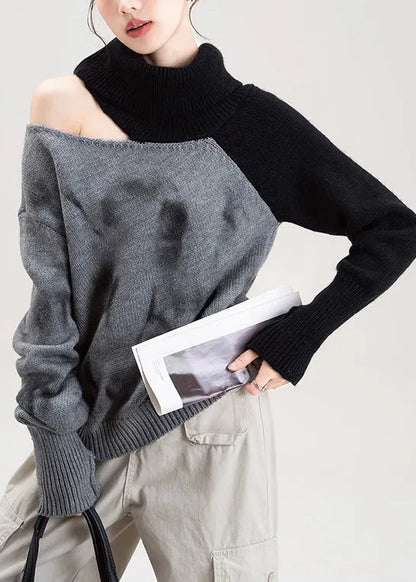Red Cold Shoulder Patchwork Knit Sweaters Fall