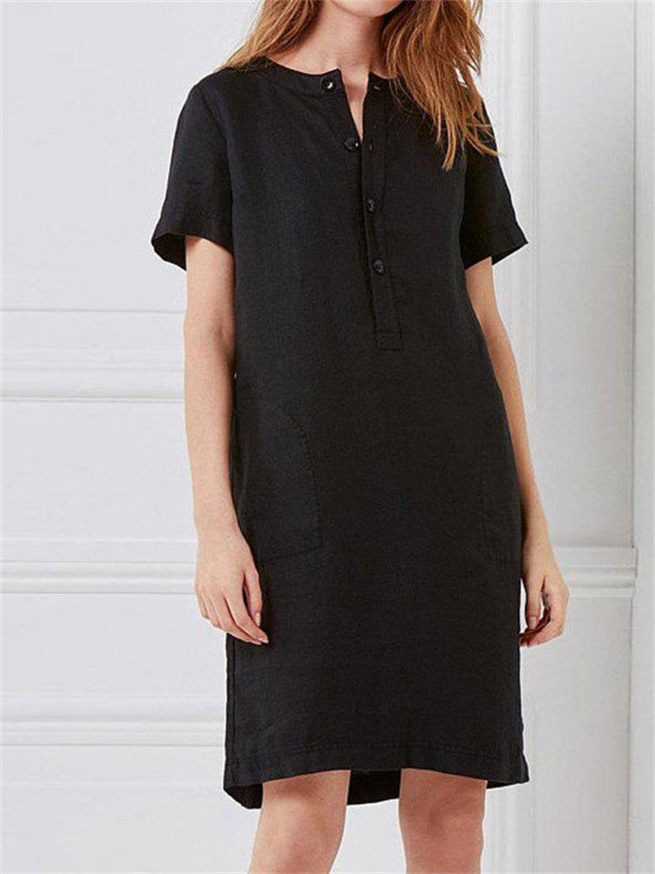 Color Cotton Linen Loose Short-sleeved Mid-length Female Dresses