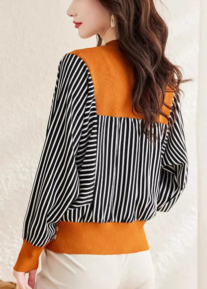 Orange V Neck Striped Button Woolen Sweater Spring