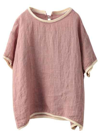 Pink O Neck Patchwork Linen T Shirts Summer
