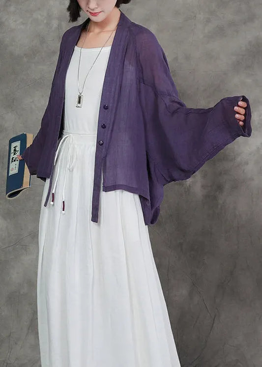New Original Purple V Neck Linen Cardigan Bat Sleeves