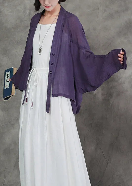 New Original Purple V Neck Linen Cardigan Bat Sleeves