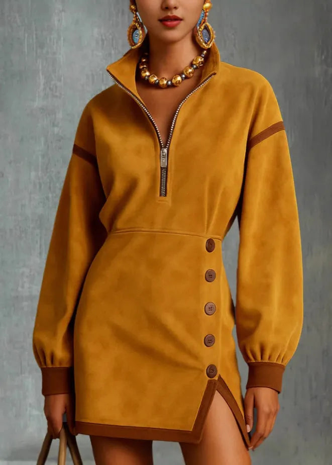 New Yellow High Neck Zip Up Patchwork Cotton Mini Dress Fall