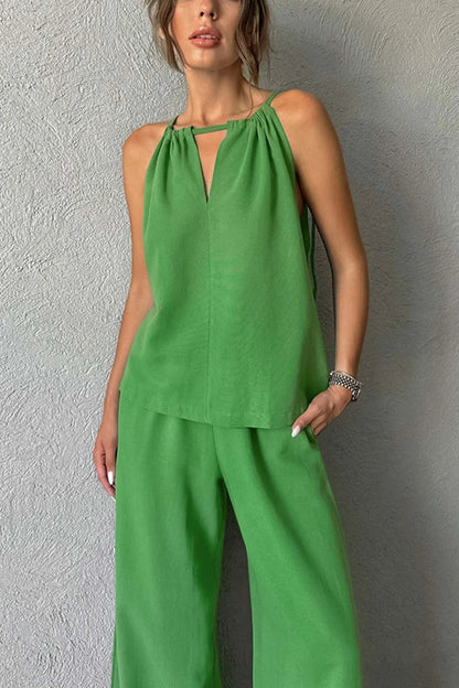 Tie-up Cutout Cotton Tank Top Long Pants Suits