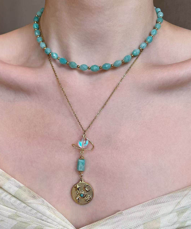 Fine Green Tianhe Stone Evil Eye Beads Layering Titanium Steel Two Piece Set Pendant Necklace