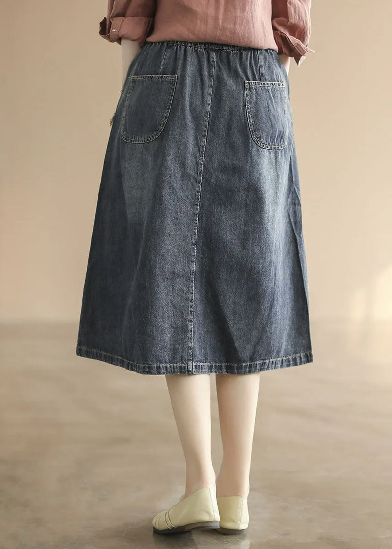 Dark Blue Elastic Waist Embroidered Cotton Denim Ripped Skirts Summer
