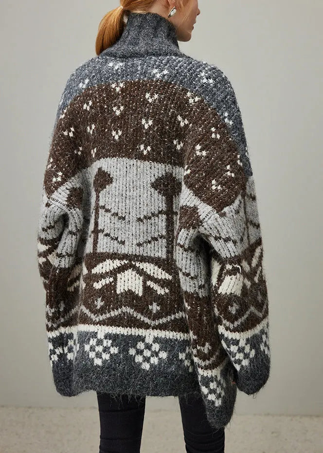 Jacquard Grey Turtleneck Button Patchwork Knit Coat Winter
