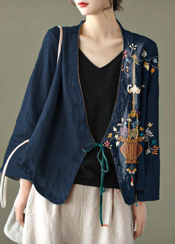 Purple Flower Embroidered Long Sleeve Linen Shirt