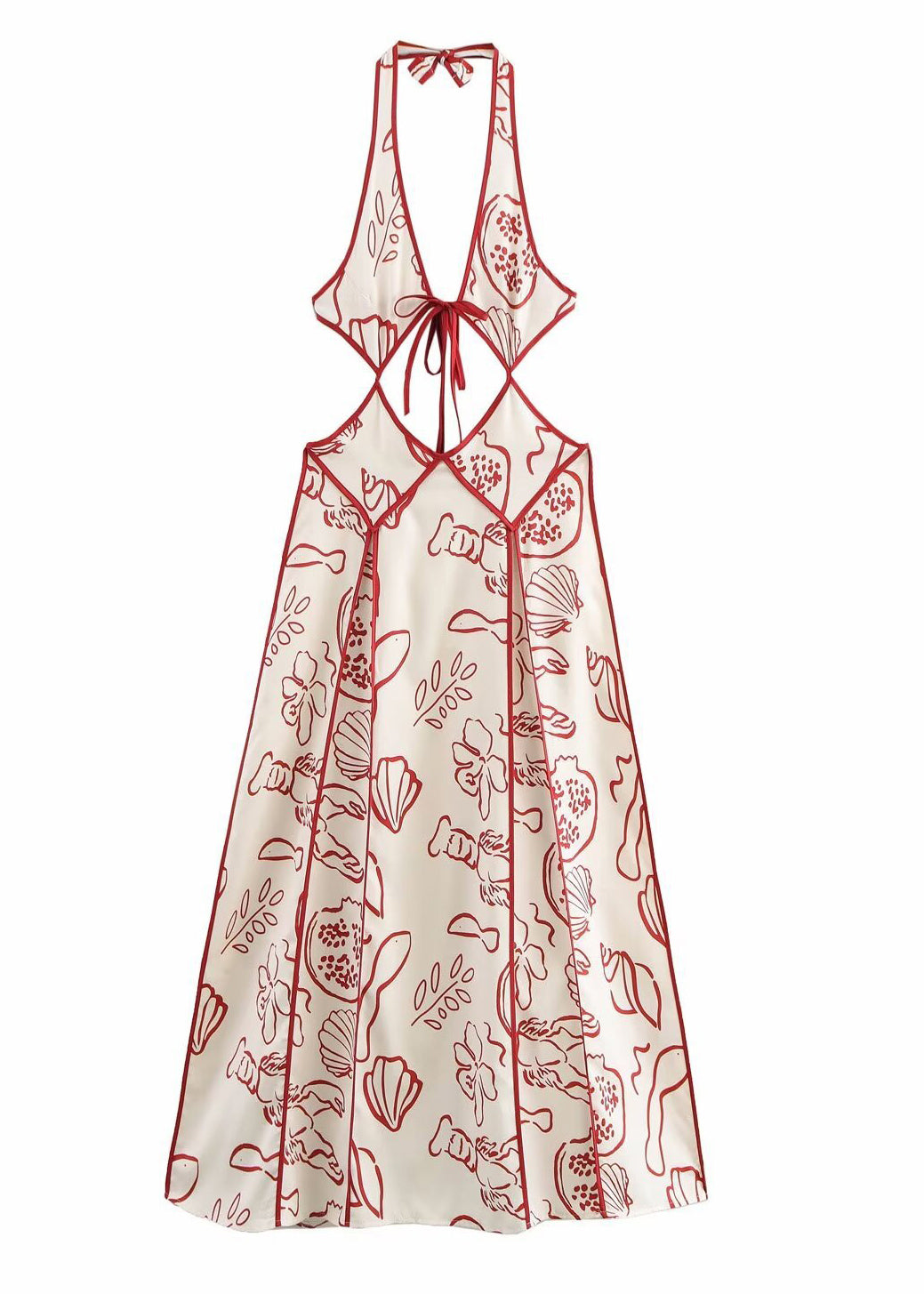 Red V Neck Print Hollow Out Cotton Dresses Sleeveless