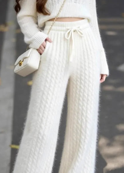 French White Pockets Bow Elastic Waist Knit Pants Fall