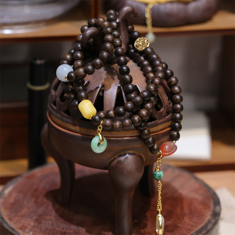 108 Agarwood Amber Red Agate Peace Buckle Jade Wood Mala Bracelet