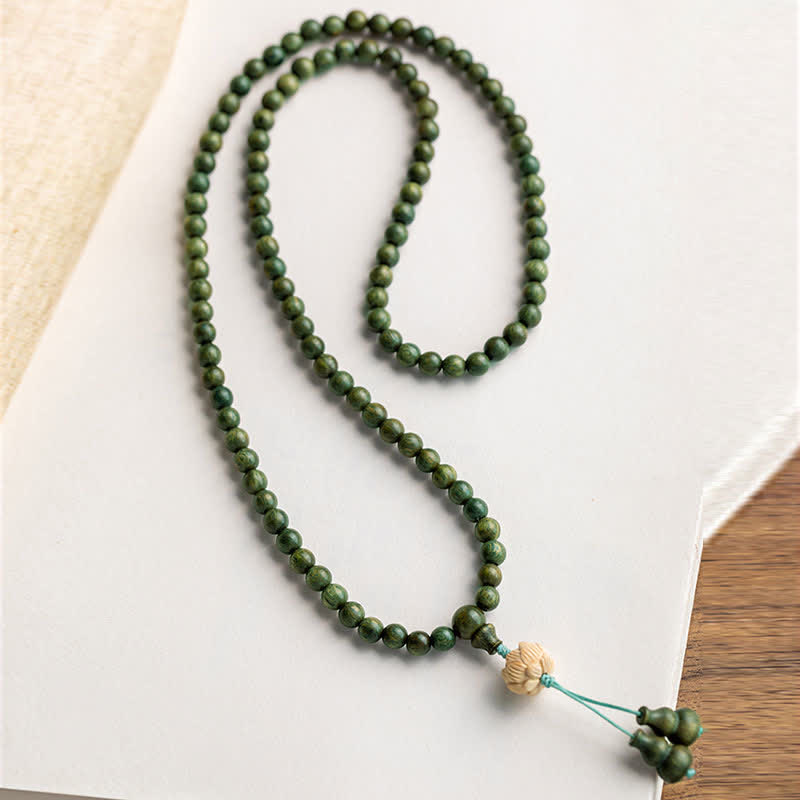 108 Wood Mala Beads Bracelet Green Sandalwood Lotus Beads
