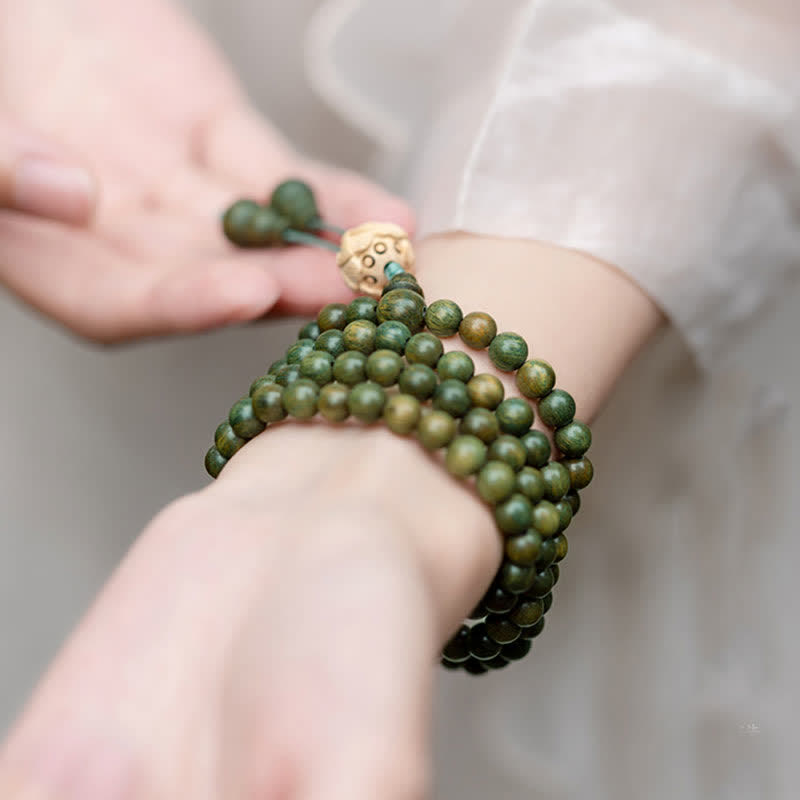 108 Wood Mala Beads Bracelet Green Sandalwood Lotus Beads