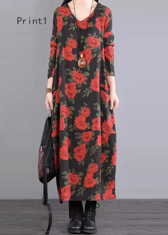 Print V Neck Patchwork Cotton Long Dress Fall