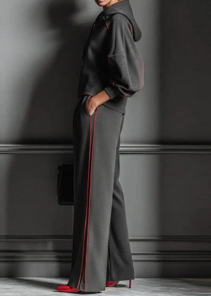 Dark Gray Hooded Striped Sweatshirts and Pants Cotton Two Pieces Set Spring