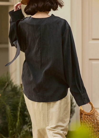 Loose Dark Grey Patchwork Cotton Shirt Fall